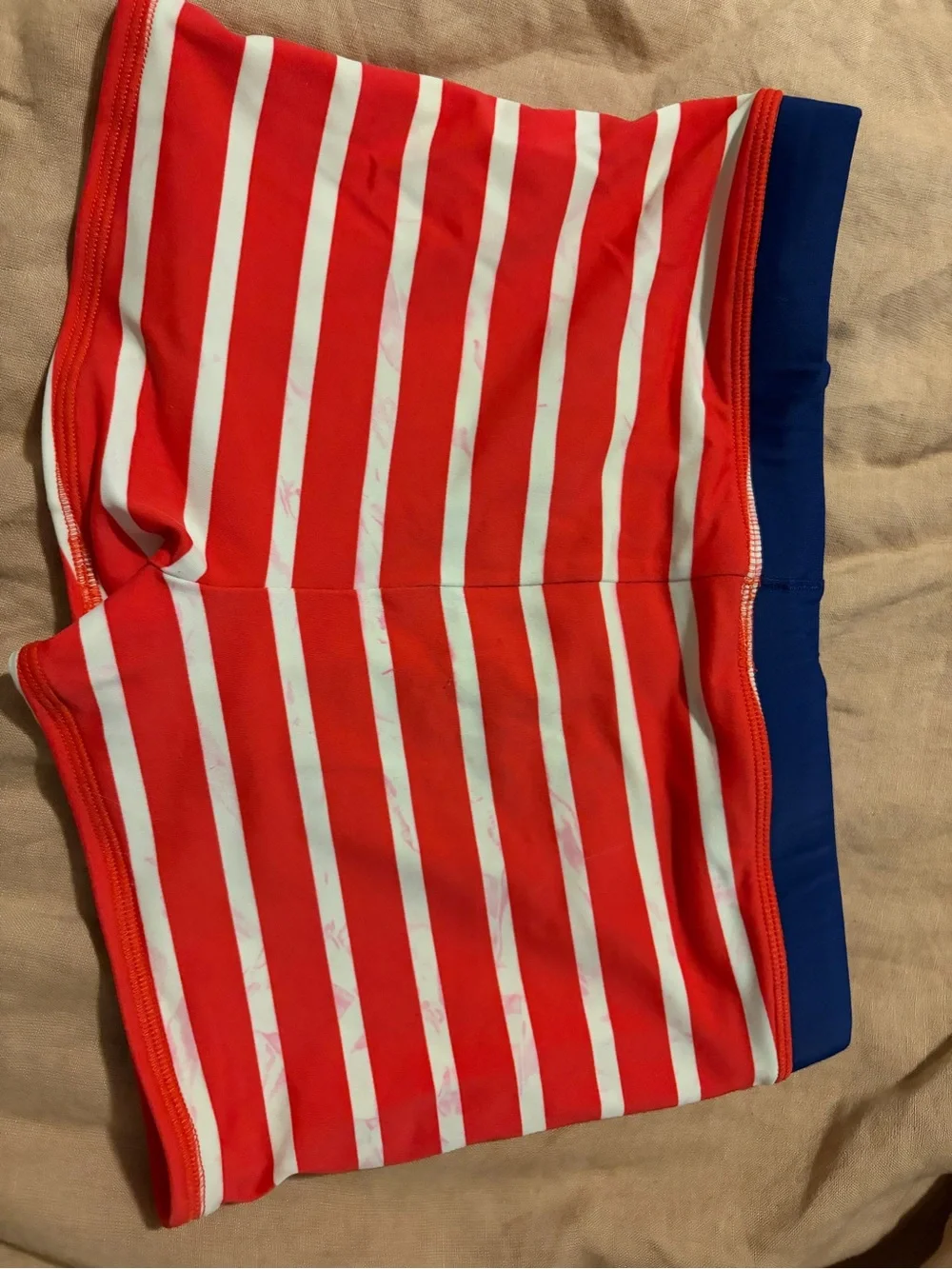 Mini Boden Red and White Striped Boys Swim Trunks with Navy Waistband
